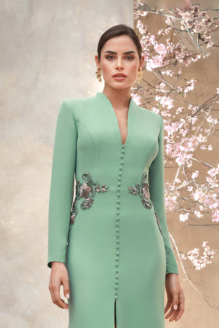 Crepe Dress with Jewel Appliqués and Buttoned Slit