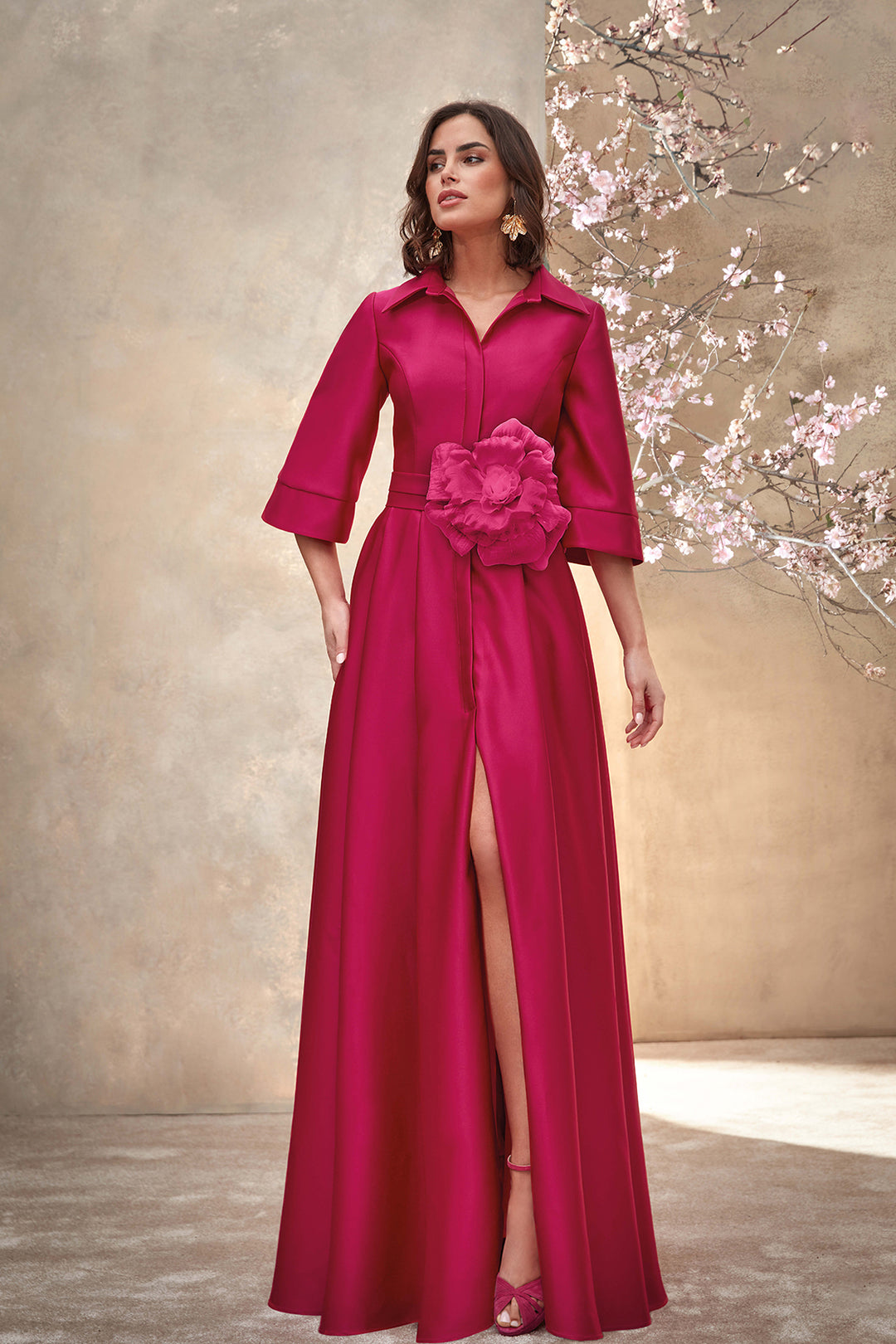 pink organza shirt dress Pink Organza Red Flower Shirt Dress
