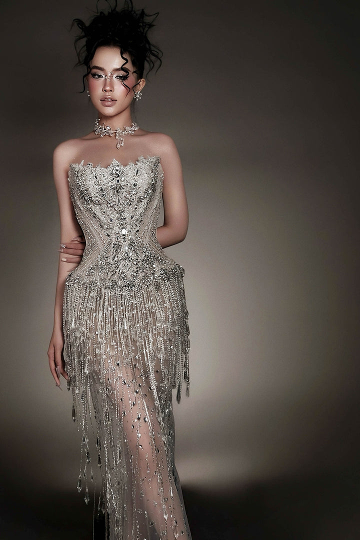 Cape Dress with Beaded Bodice