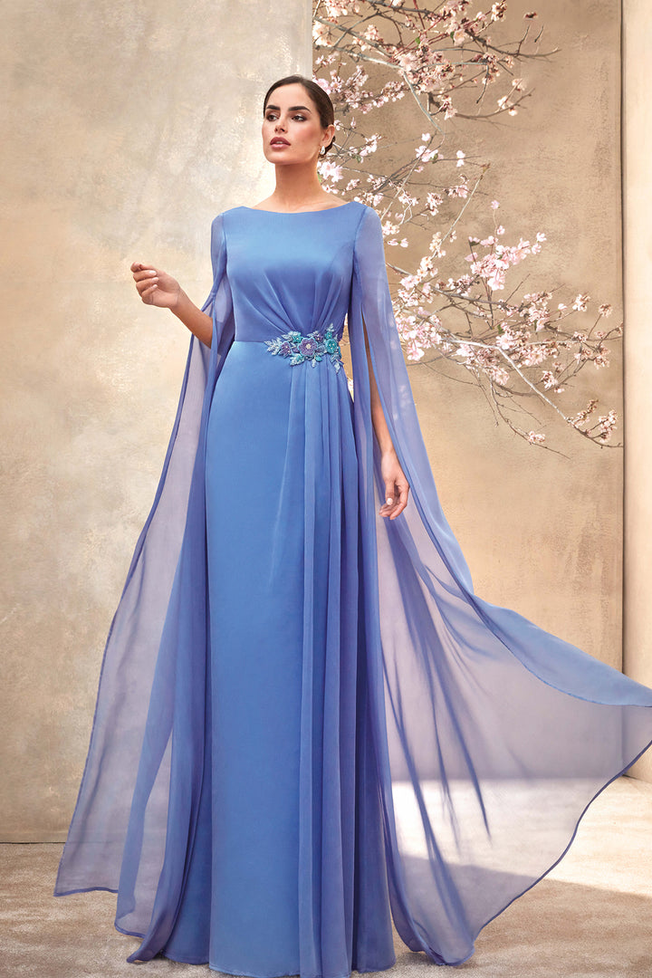 Chiffon Dress with Boat Neck and Cape Sleeves
