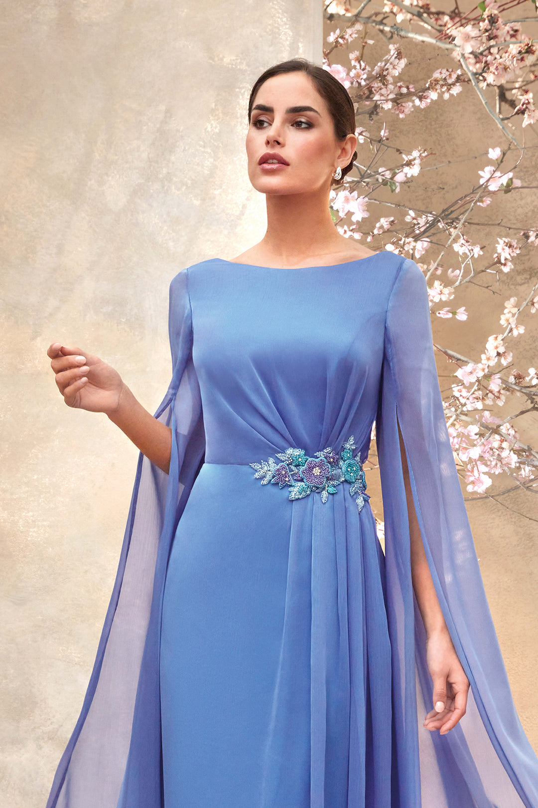 Chiffon Dress with Boat Neck and Cape Sleeves
