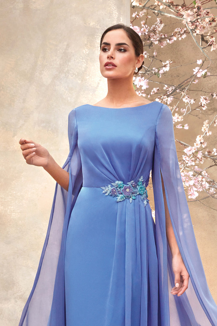 Chiffon Dress with Boat Neck and Cape Sleeves