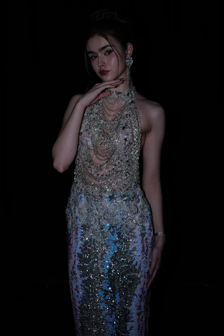 Sequin-Embroidered Column Dress with Halterneck