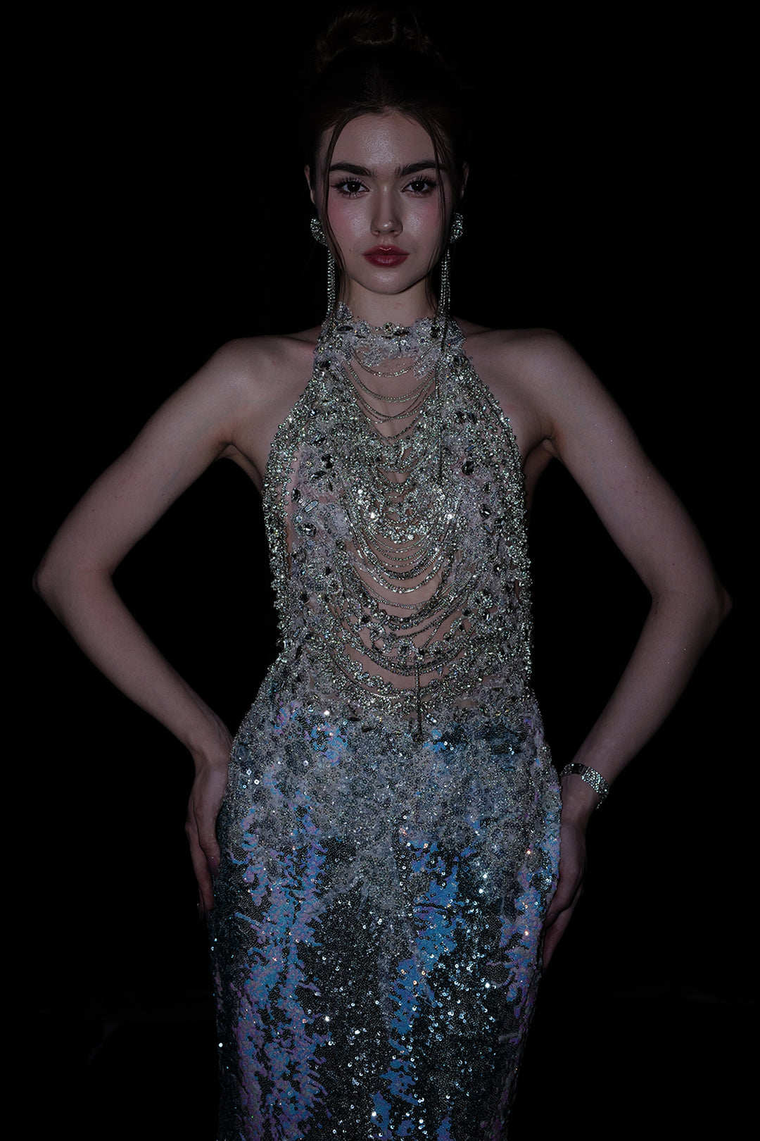 Sequin-Embroidered Column Dress with Halterneck