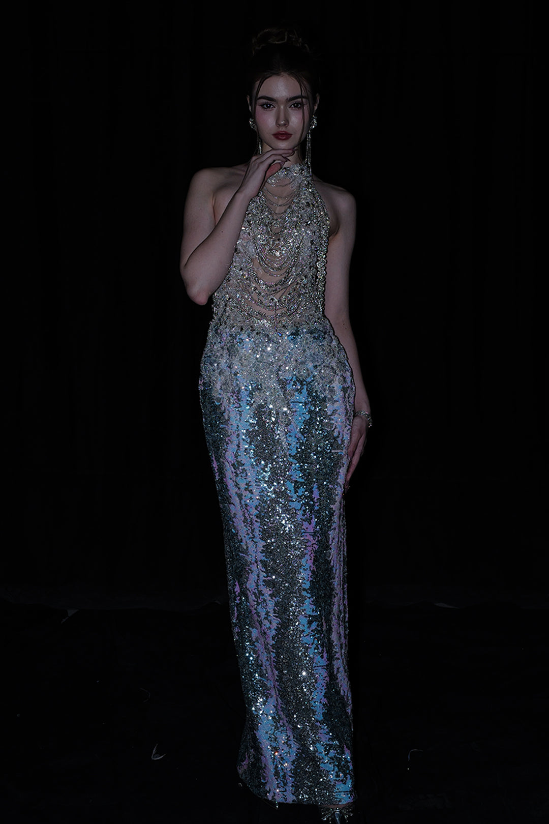 Sequin-Embroidered Column Dress with Halterneck