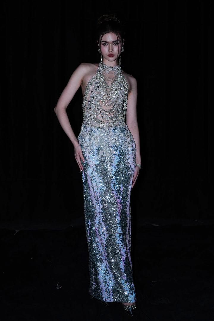 Sequin-Embroidered Column Dress with Halterneck