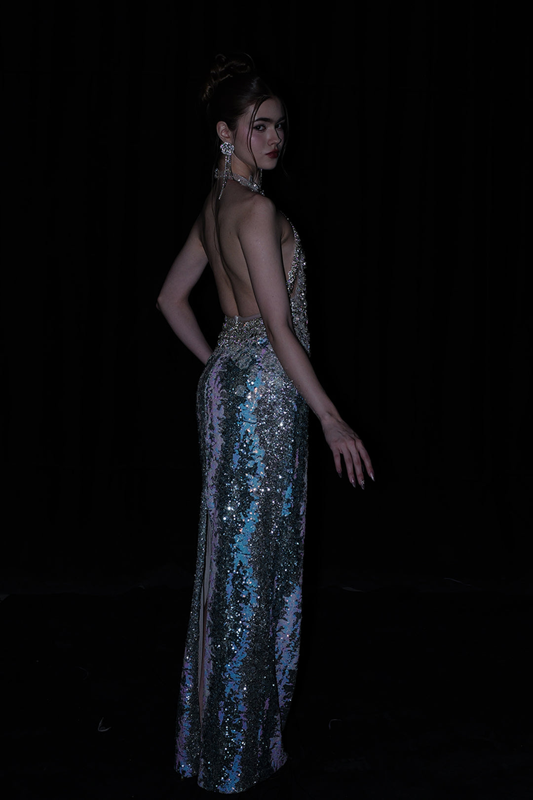 Sequin-Embroidered Column Dress with Halterneck