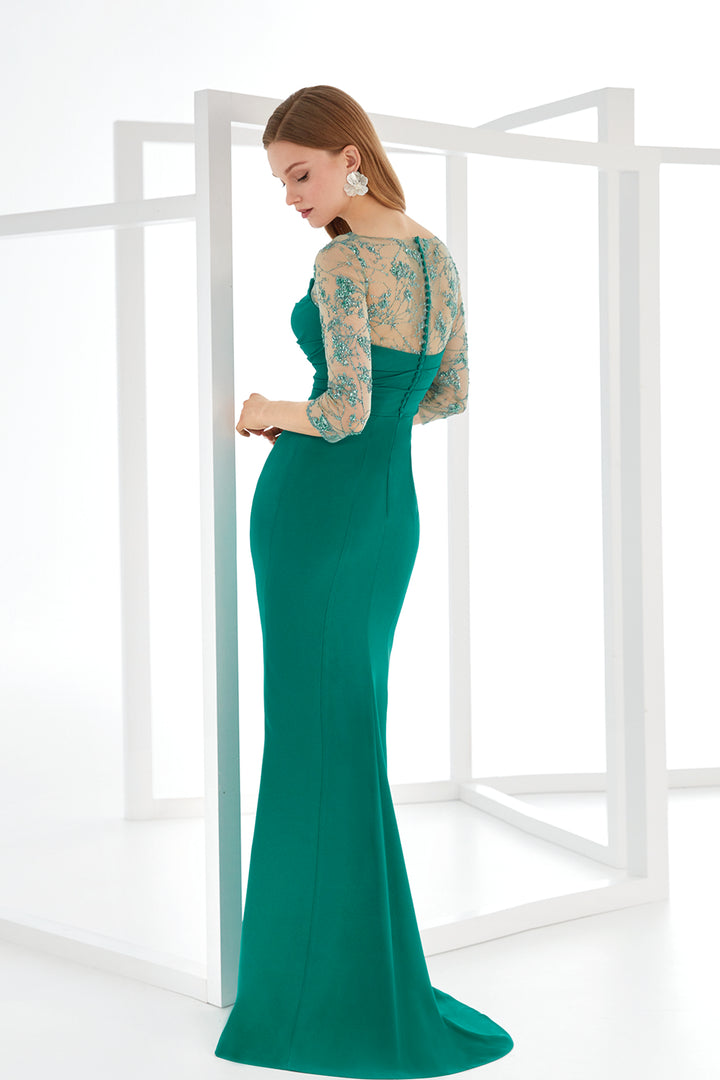 Satin Column Dress with Lace