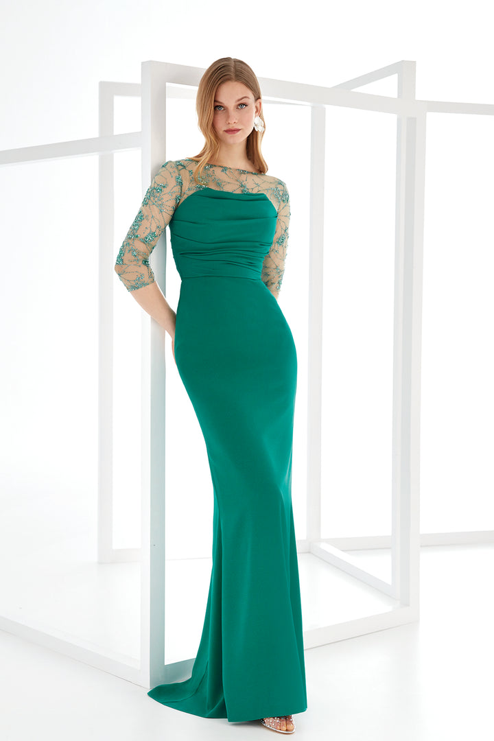 Satin Column Dress with Lace