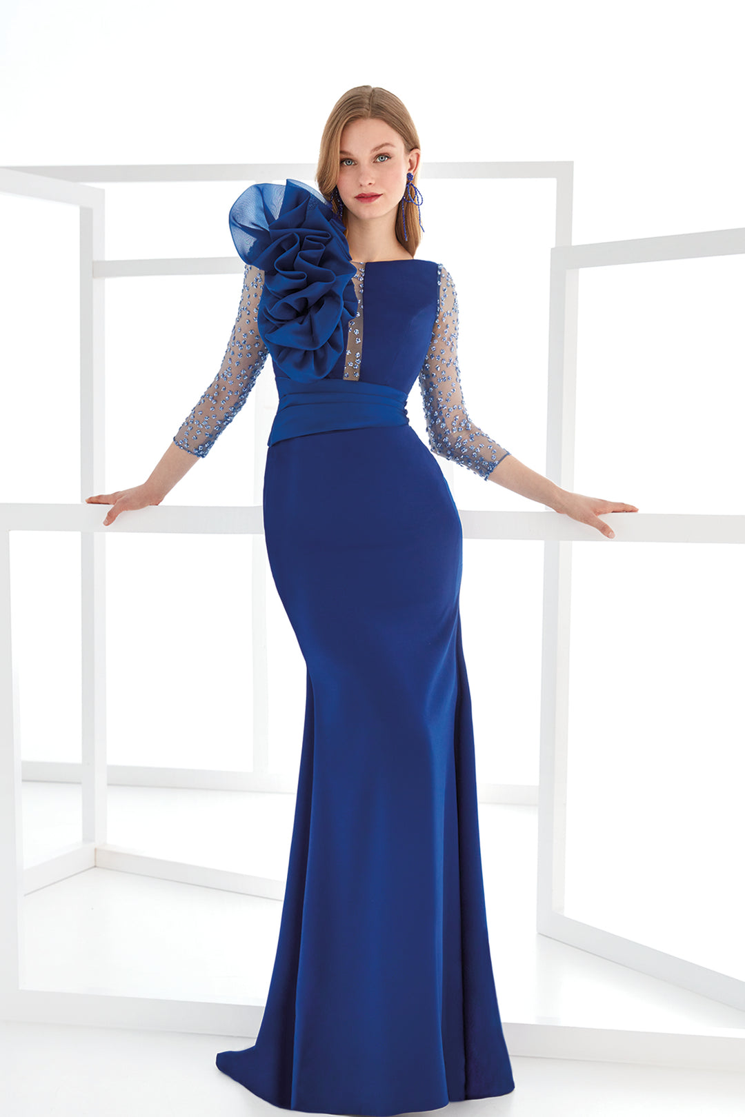 Ruffle Gown with Lace Sleeves Blue / FR 44 Ruffle Gown with Lace Sleeves Blue / FR 44