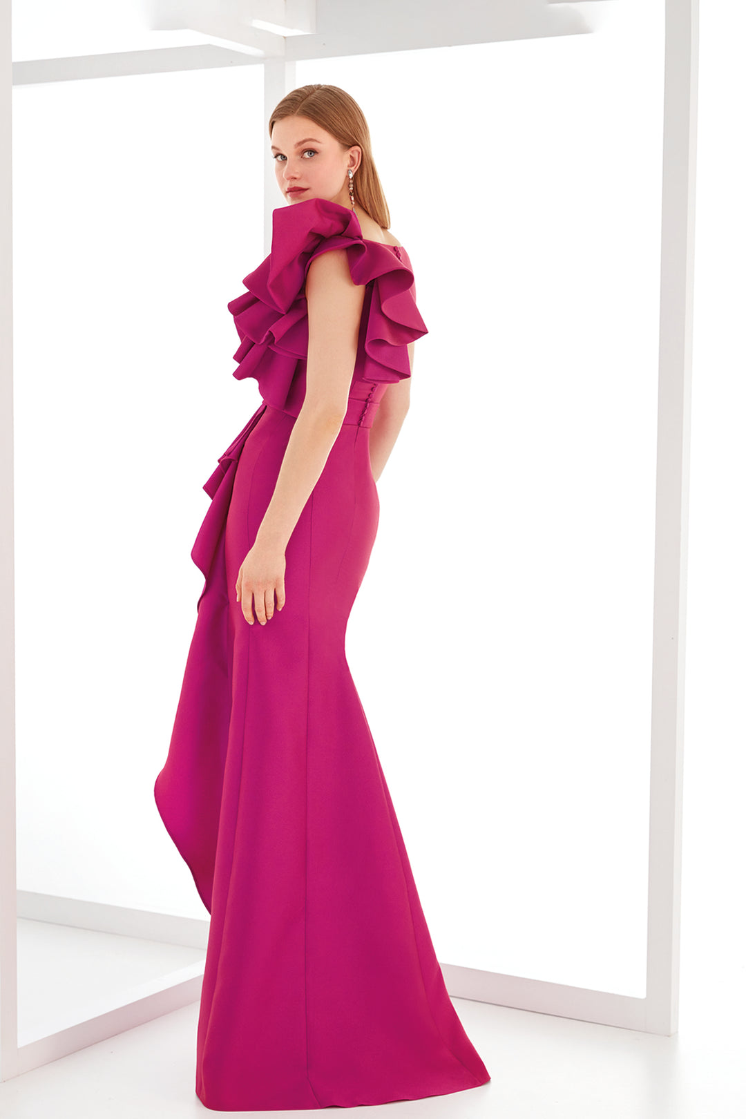 Asymmetric Ruffle Column Dress