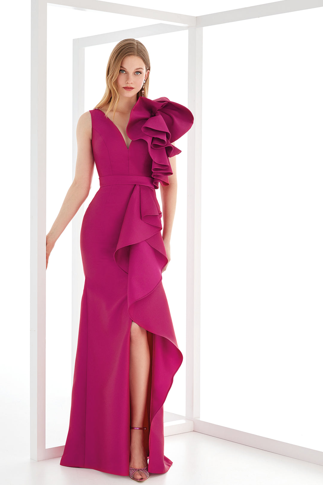 pink asymmetric ruffle dress boohoo Women's Plus Chiffon Asymmetric Maxi Dress in Baby Pink