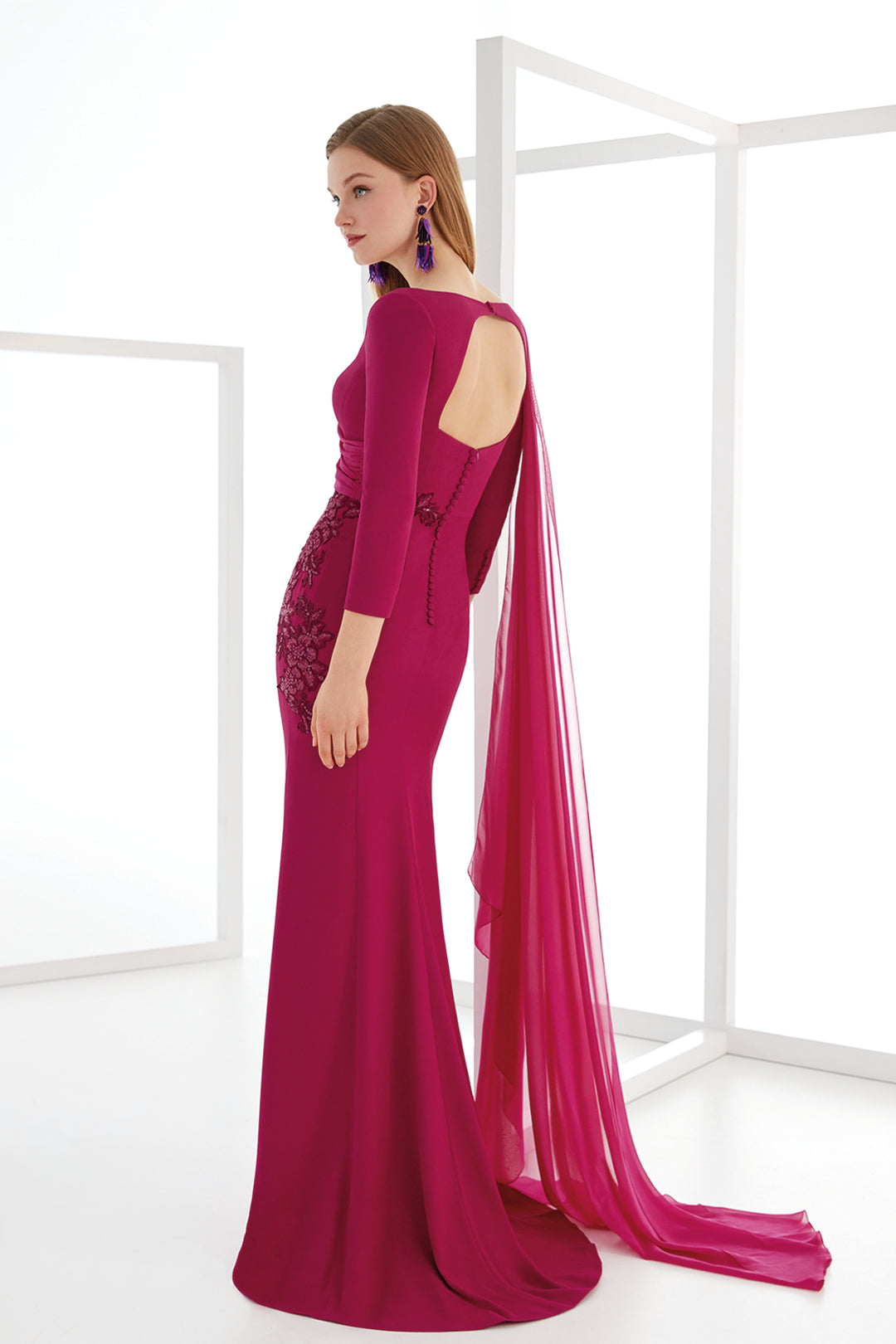 Cape-Sleeve Satin Column Dress with Lace Appliqué