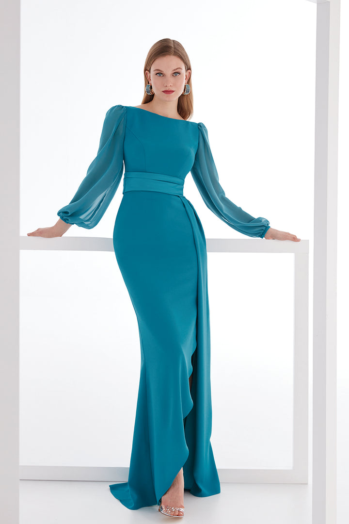Puff-Sleeve Satin Column Dress