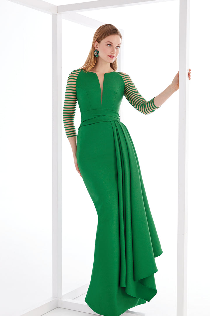 V-Neckline Satin Dress with Sheer Sleeves