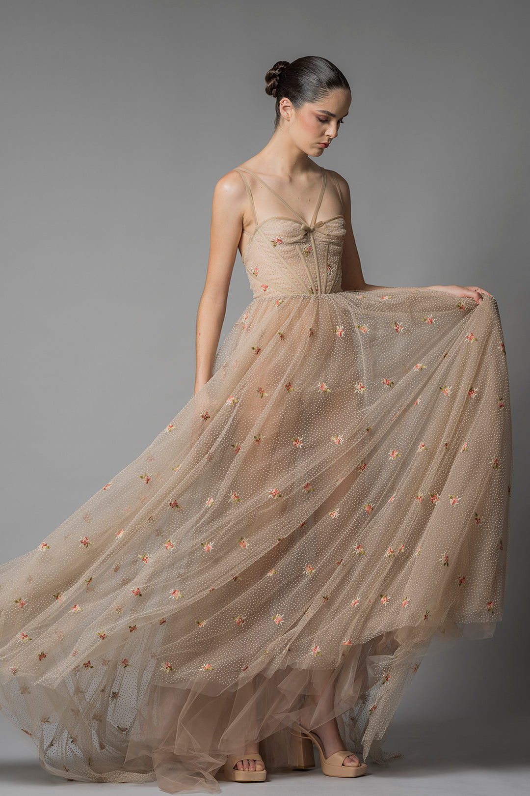 Floral Embroidered Sleeveles Gown Camel / US 18 Floral Embroidered Sleeveles Gown Camel / US 18