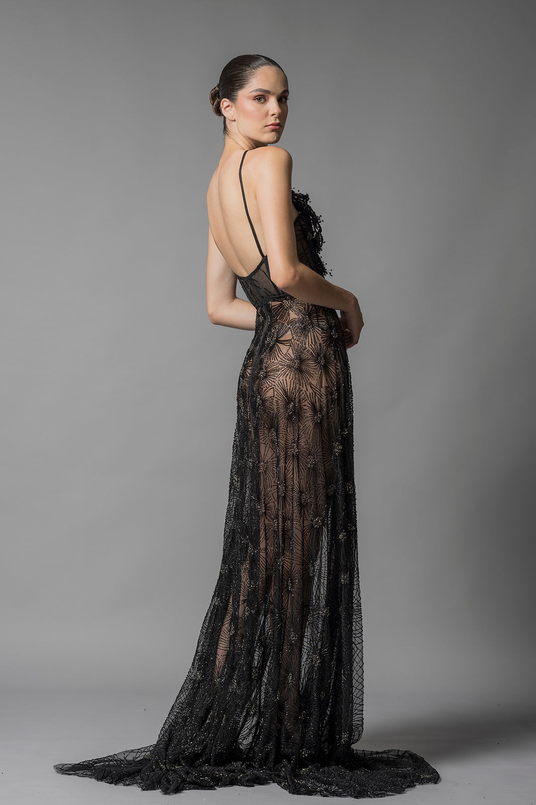 Fully embroidered sleeveless gown Black / US 10 Fully embroidered sleeveless gown Black / US 10