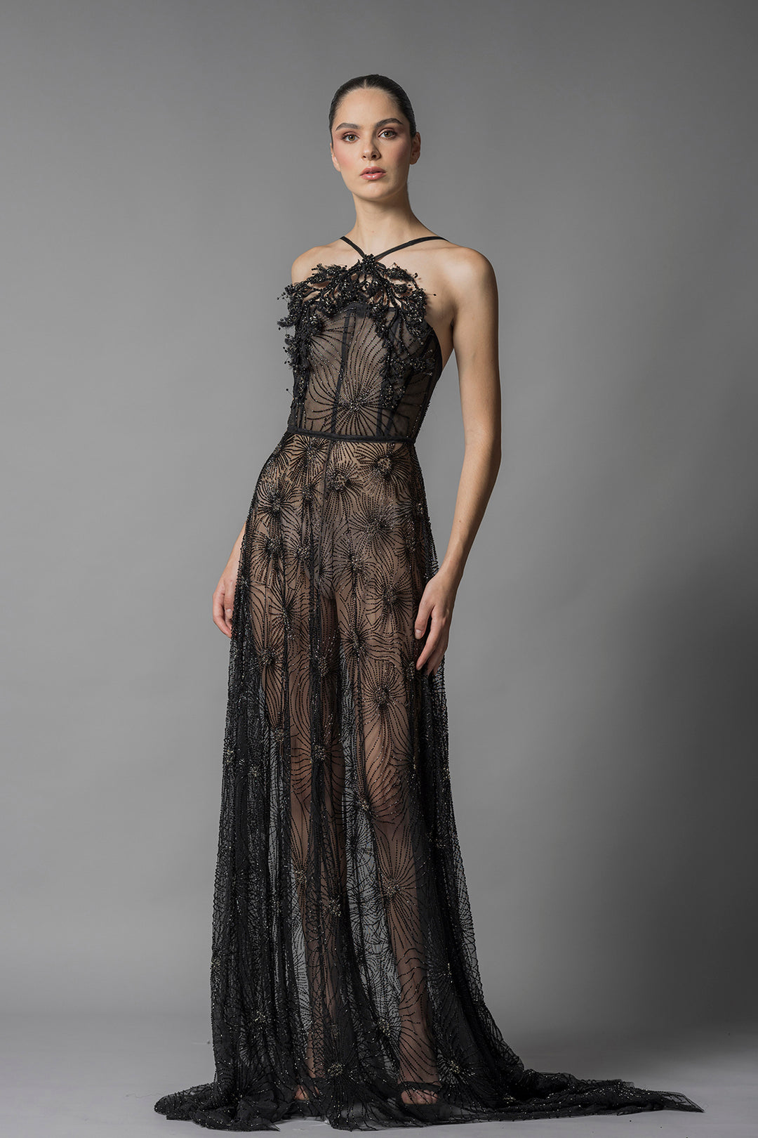 Fully embroidered sleeveless gown Black / US 12 Fully embroidered sleeveless gown Black / US 12