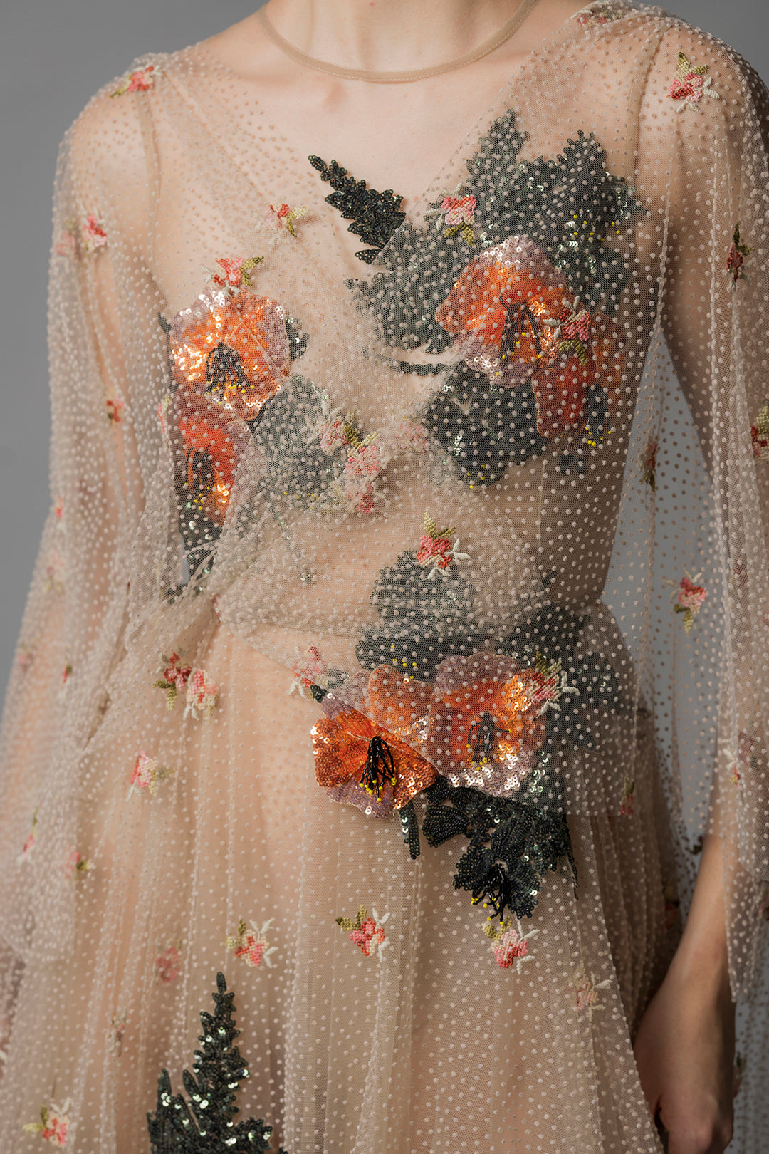 Floral embroidered tulle dress Camel / US 14 Floral embroidered tulle dress Camel / US 14