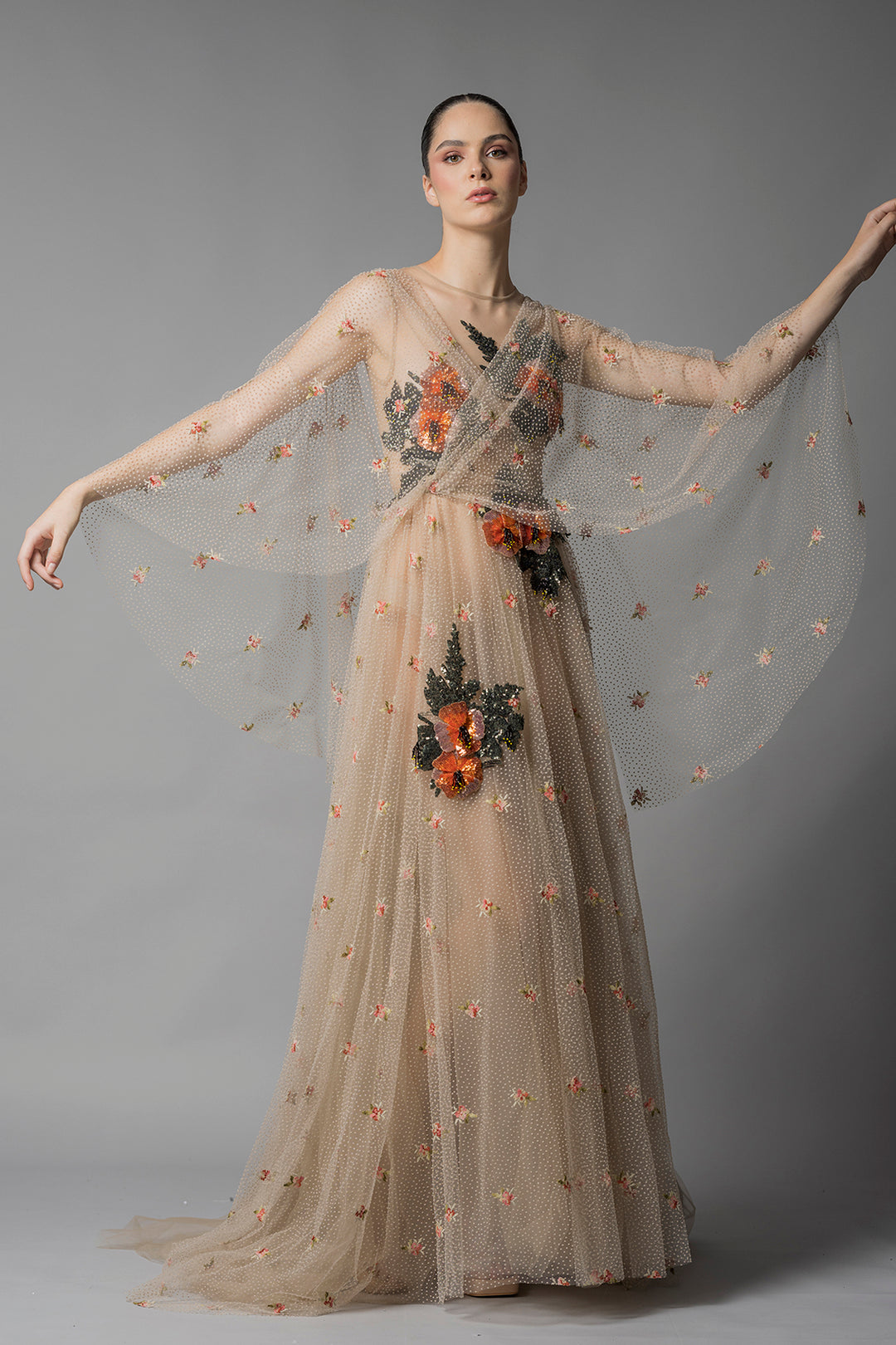 Floral embroidered tulle dress Camel / US 14 Floral embroidered tulle dress Camel / US 14