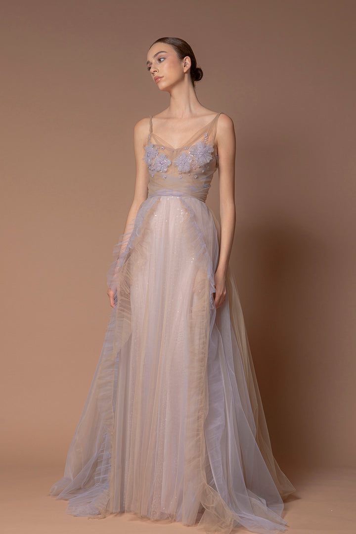 Sleeveless A-line Tulle Dress with Floral Detailing