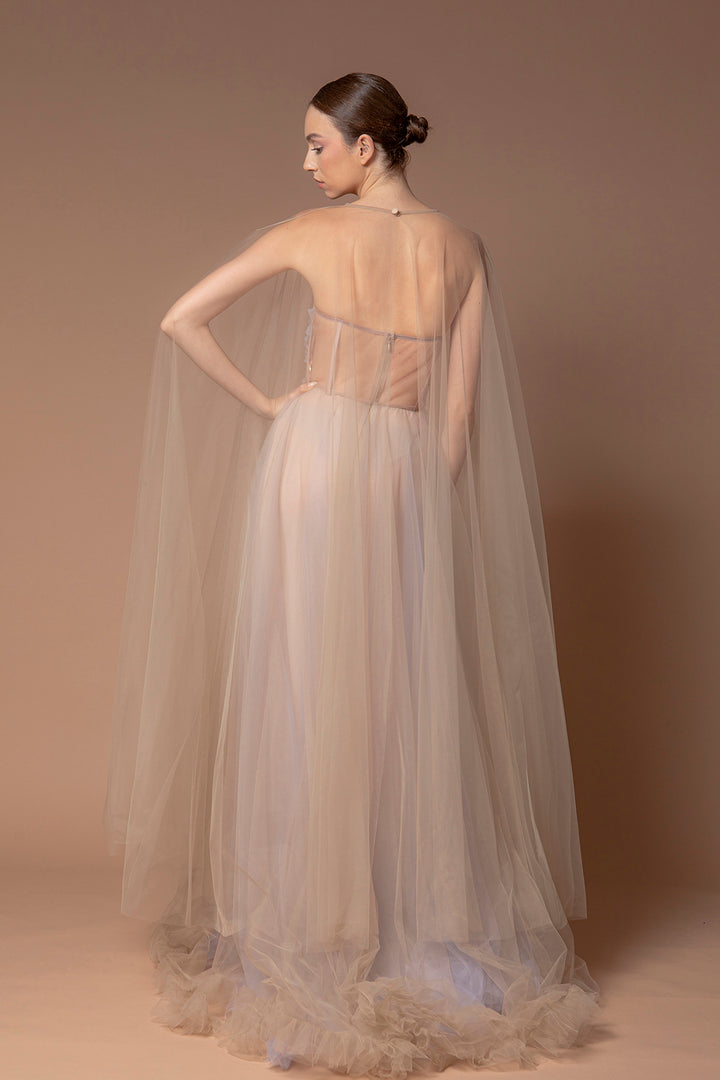 Tulle Strapless Dress with Cape