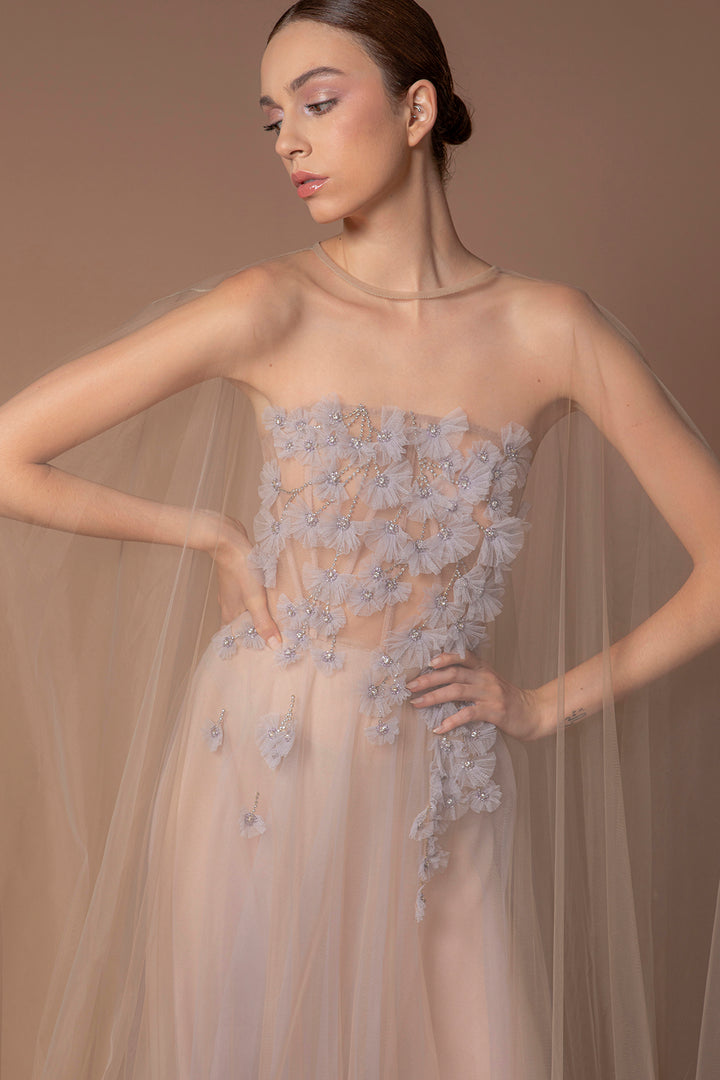Tulle Strapless Dress with Cape