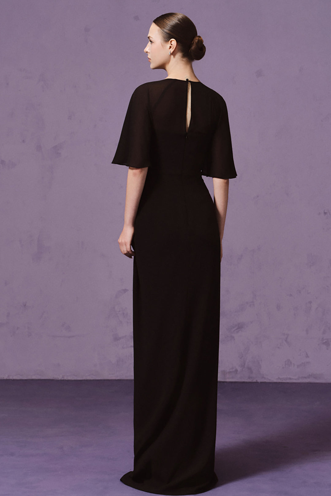 Flutter-Sleeve Draped Crepe with Column Dress