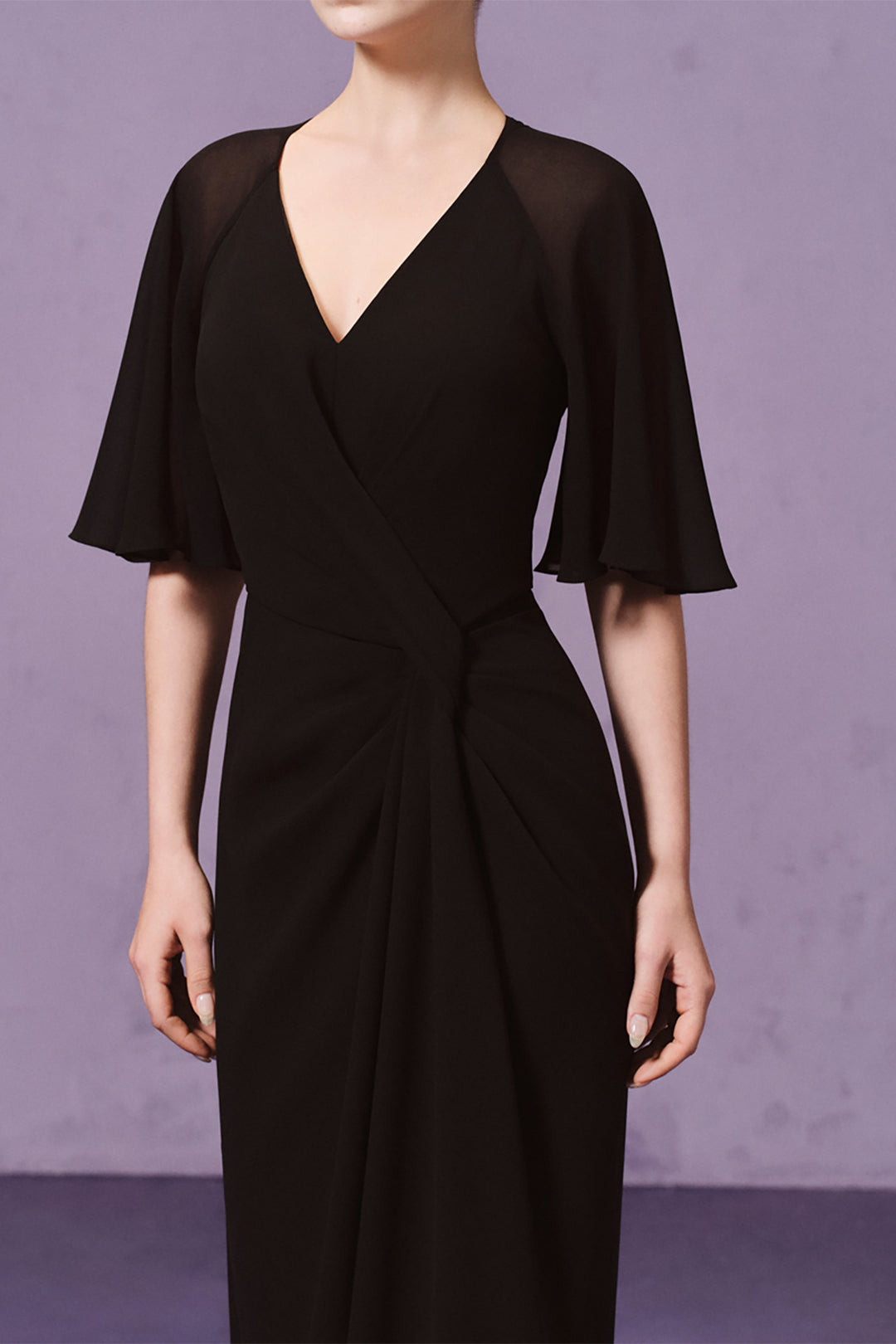 Flutter-Sleeve Draped Crepe with Column Dress