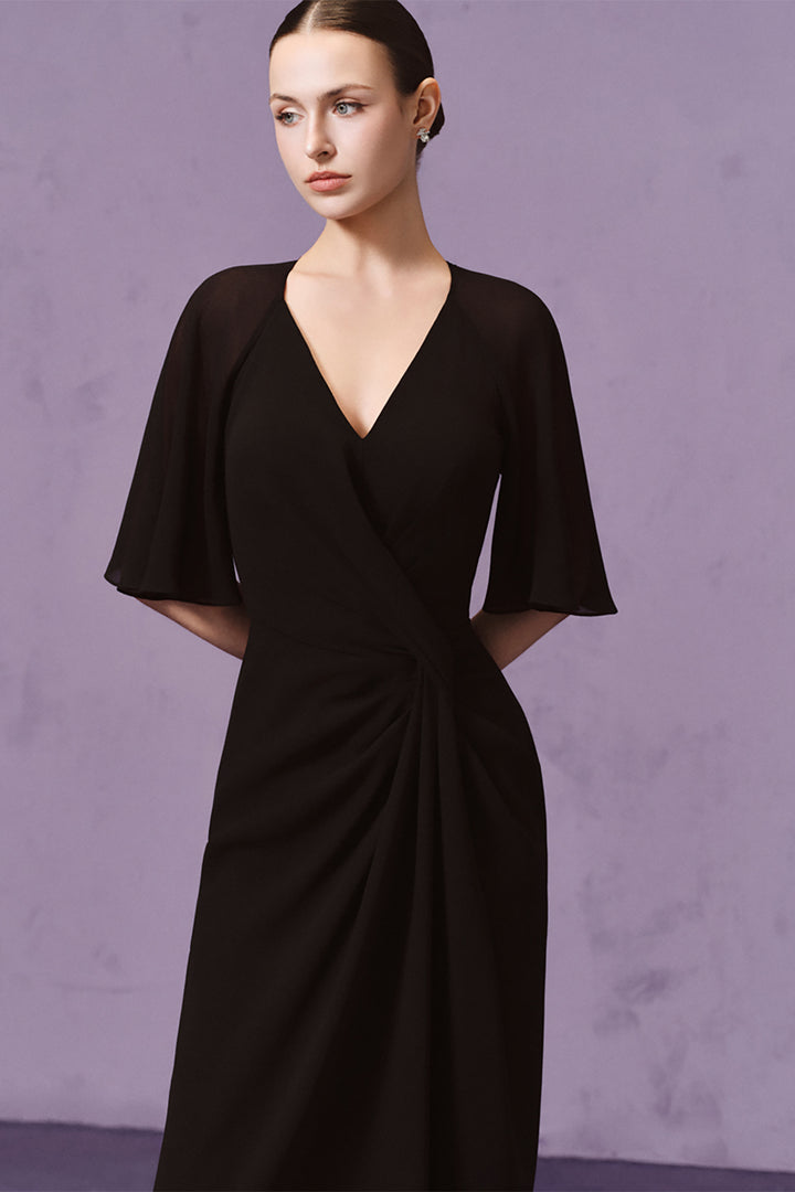 Flutter-Sleeve Draped Crepe with Column Dress