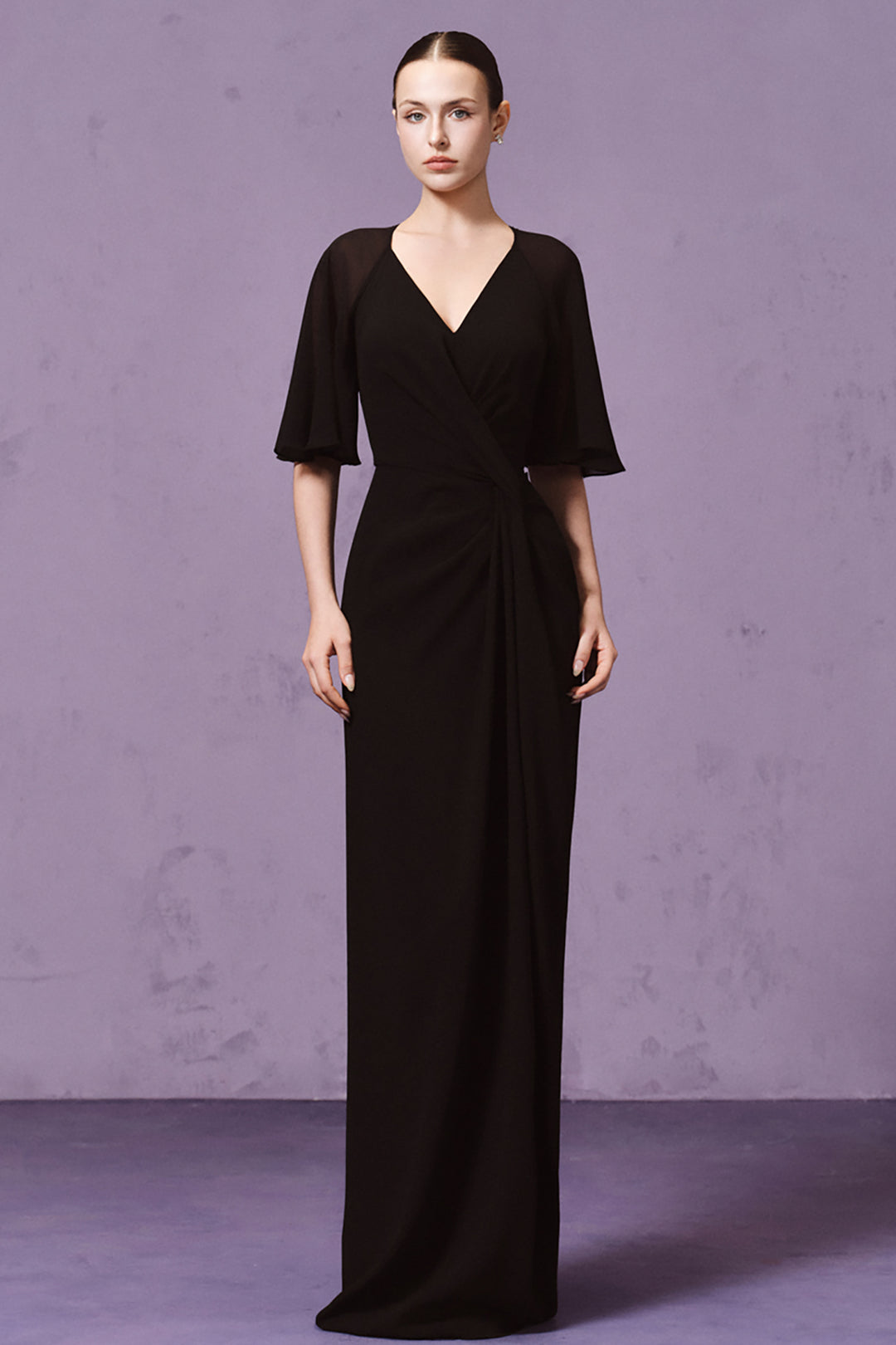 Flutter-Sleeve Draped Crepe with Column Dress