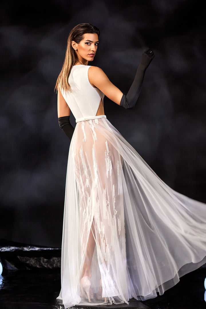 Crepe Dress with Embroidered Tulle and Jewel Neckline