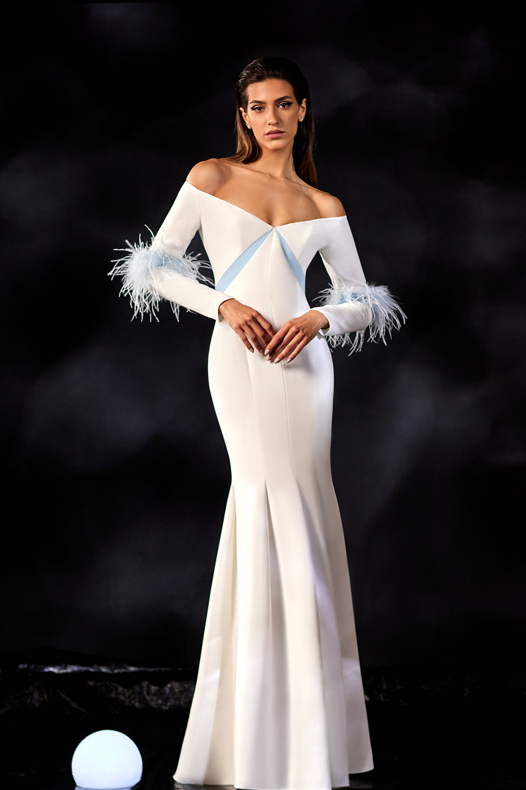off the shoulder feather dress white White Glitter Print Off Shoulder Feather Gown by Juliet 2402W M / Off White