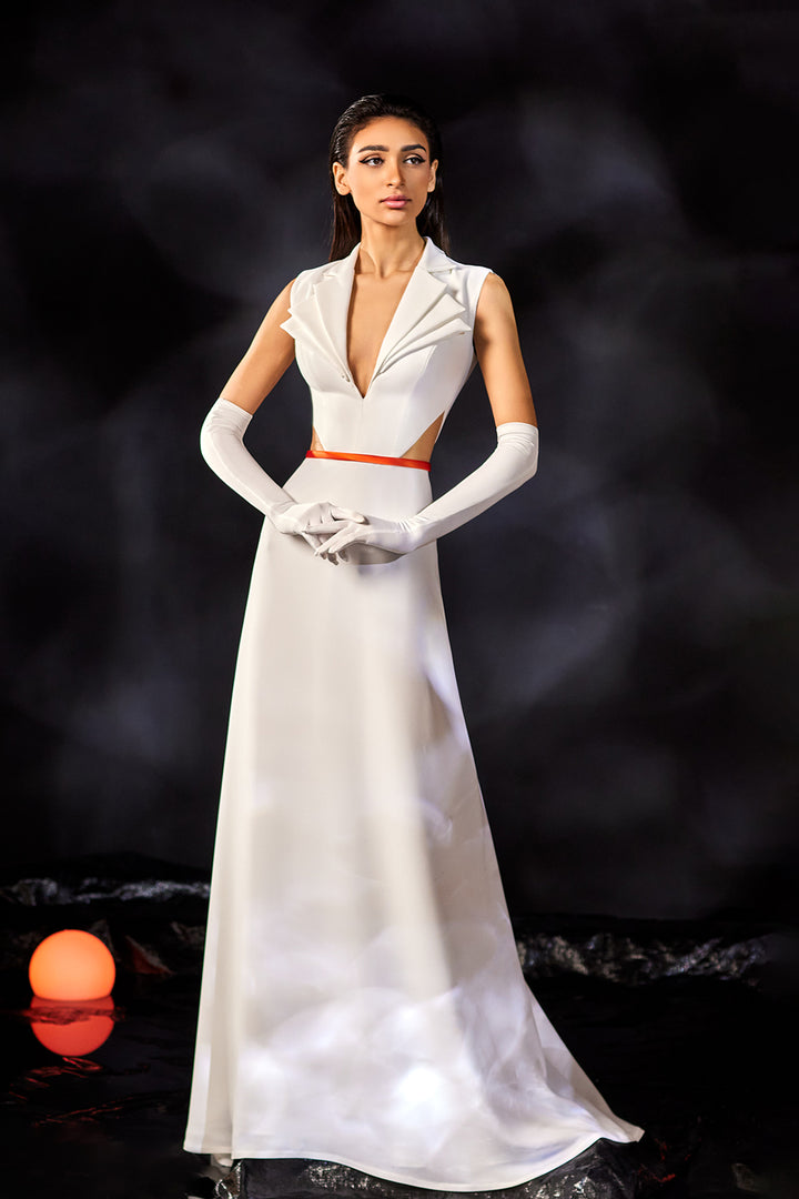 Geometric Crepe Dress with Belt and Deep V-neckline