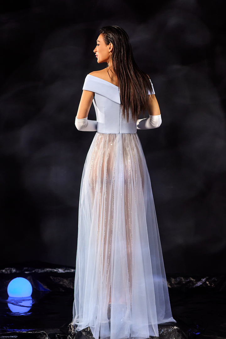 Off-The-Shoulder Neckline with Tulle A-line  Embroidered Dress