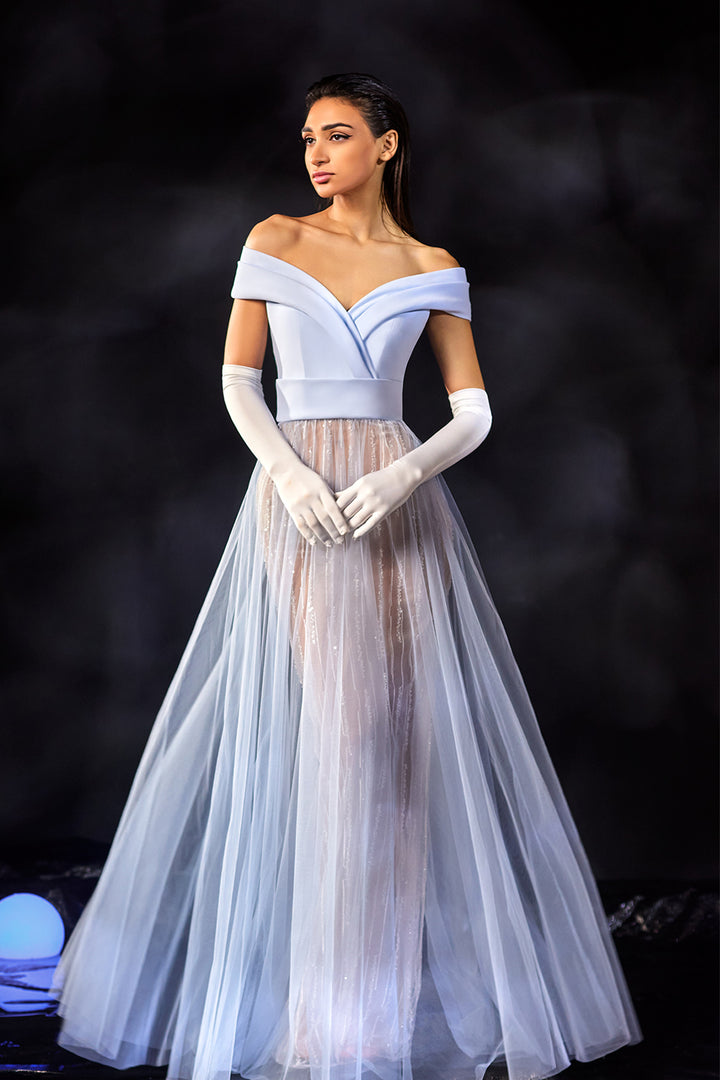 Off-The-Shoulder Neckline with Tulle A-line  Embroidered Dress