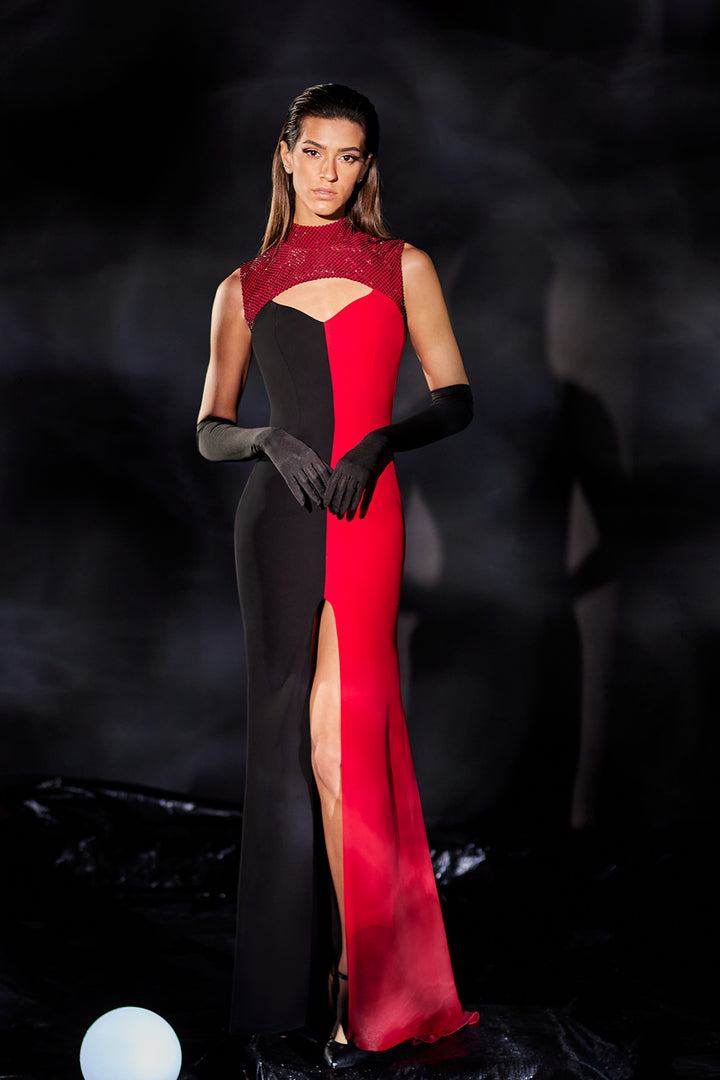 Long Dress with High-Neck and Chest Cut-Out