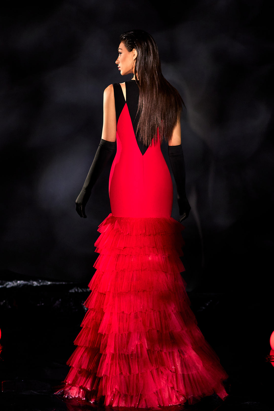 Crepe Long Dress with Mermaid Tulle Skirt