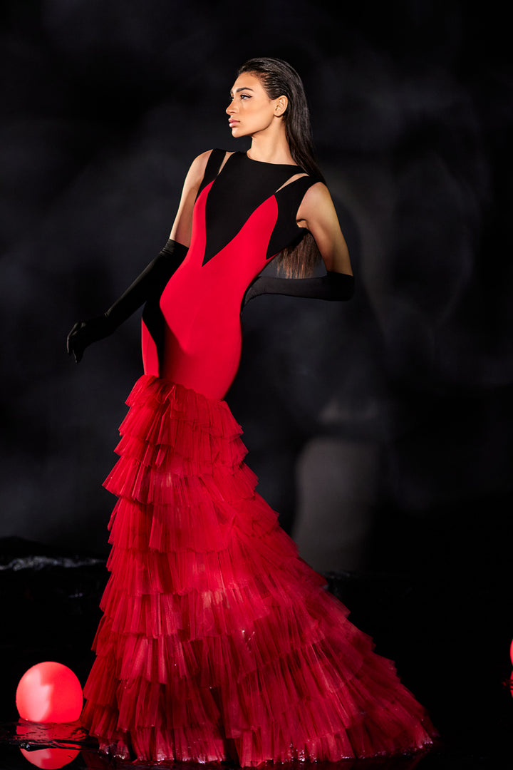 Crepe Long Dress with Mermaid Tulle Skirt