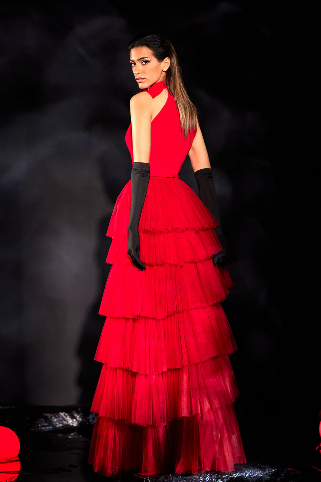 Crepe Long Dress with Tulle Ruffle A-line Skirt