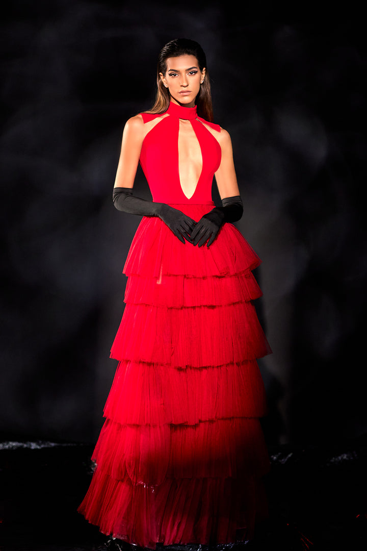 Crepe Long Dress with Tulle Ruffle A-line Skirt