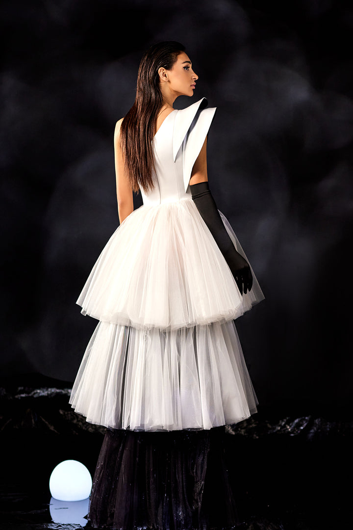 Satin and Tulle One-Shoulder Ruffle Dress