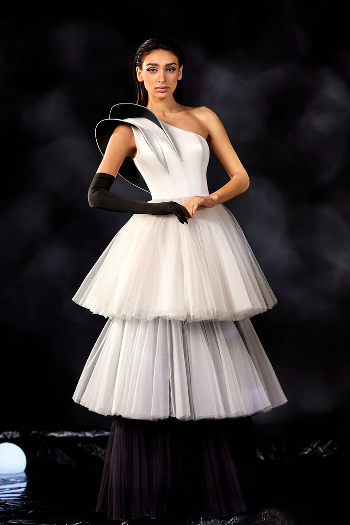 Satin and Tulle One-Shoulder Ruffle Dress