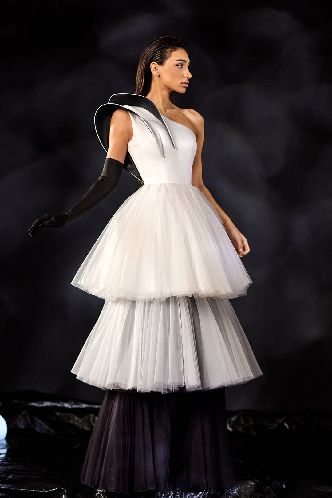 Satin and Tulle One-Shoulder Ruffle Dress