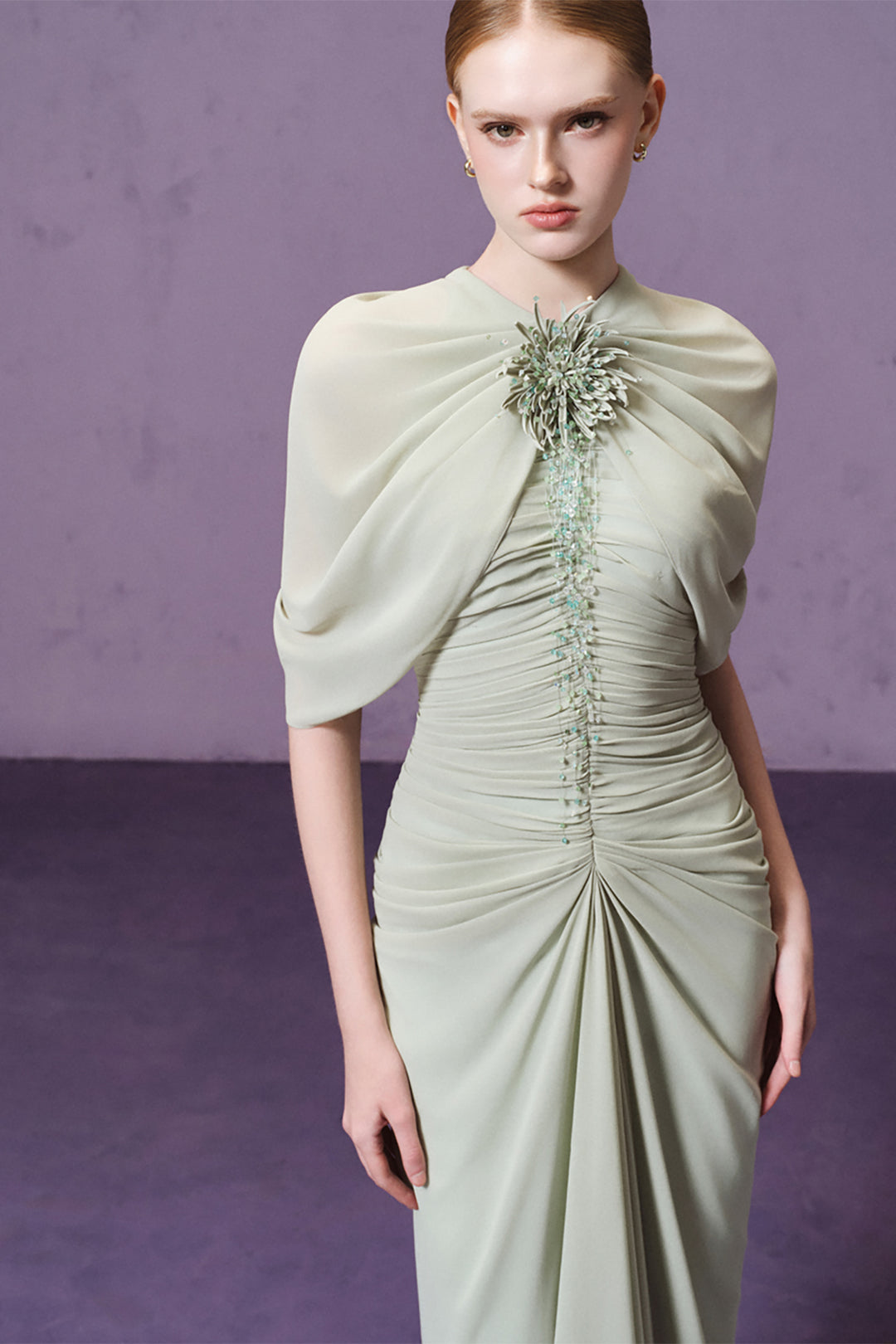 3D Floral with Cape Sleeve and Column Dress