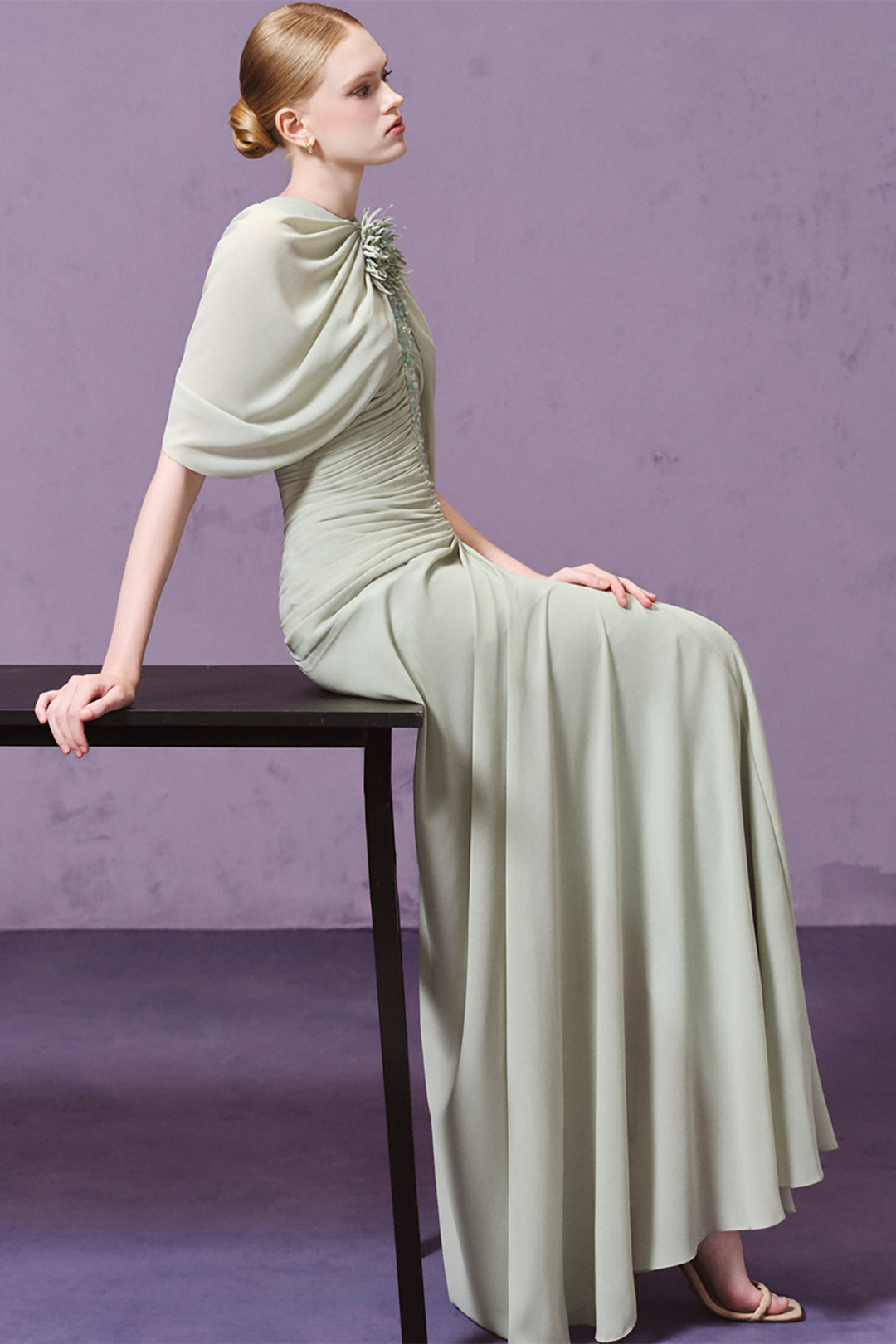 3D Floral with Cape Sleeve and Column Dress