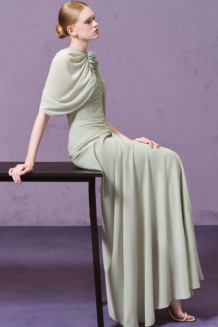 3D Floral with Cape Sleeve and Column Dress