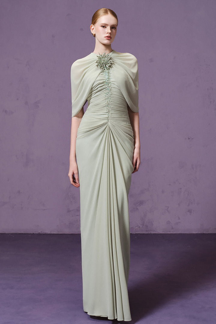 3D Floral with Cape Sleeve and Column Dress