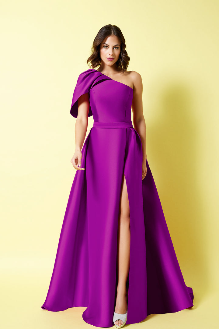 Flared Long Dress with Asymmetrical Neckline