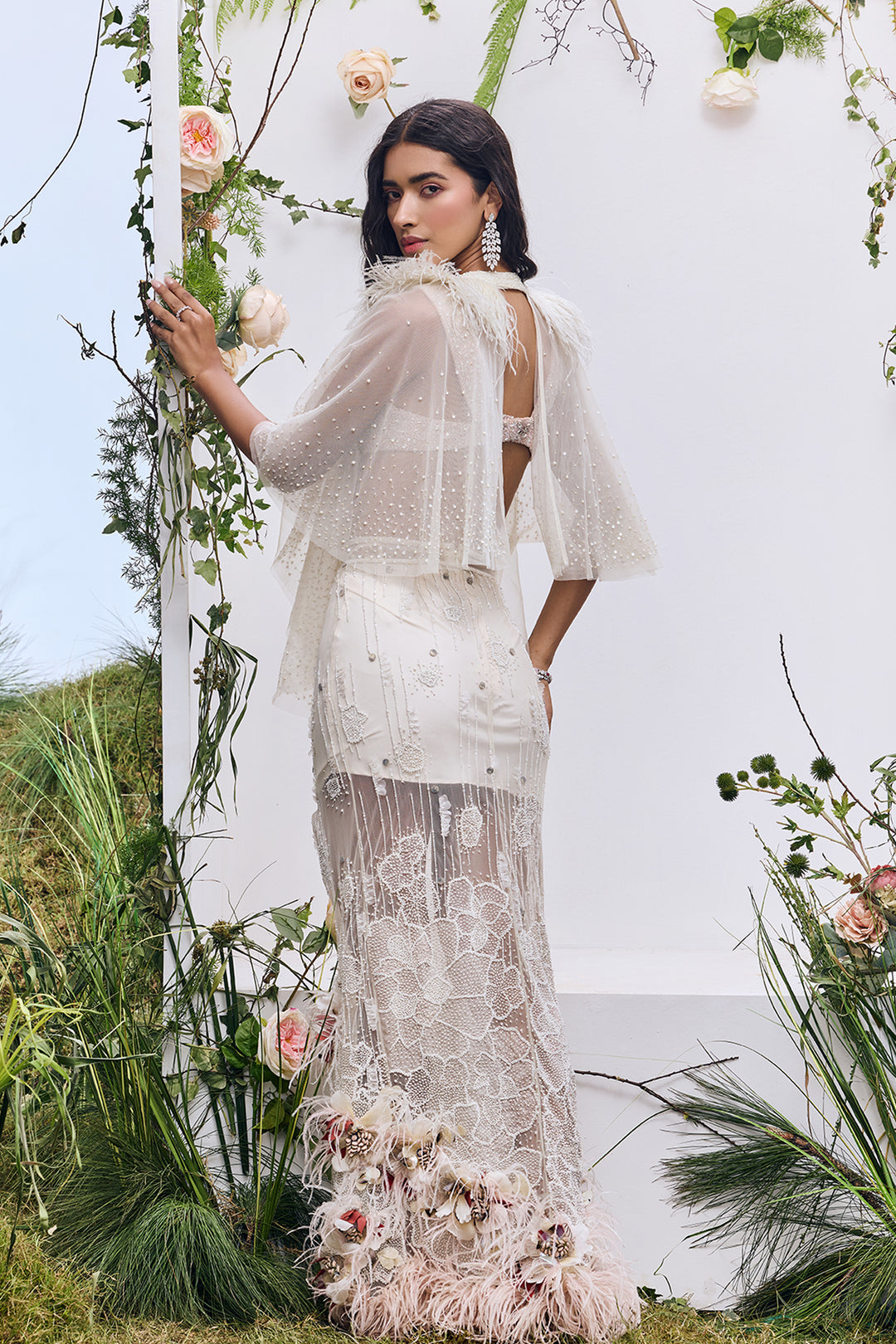 Floor-Length Dress with Sheer Cape Sleeves